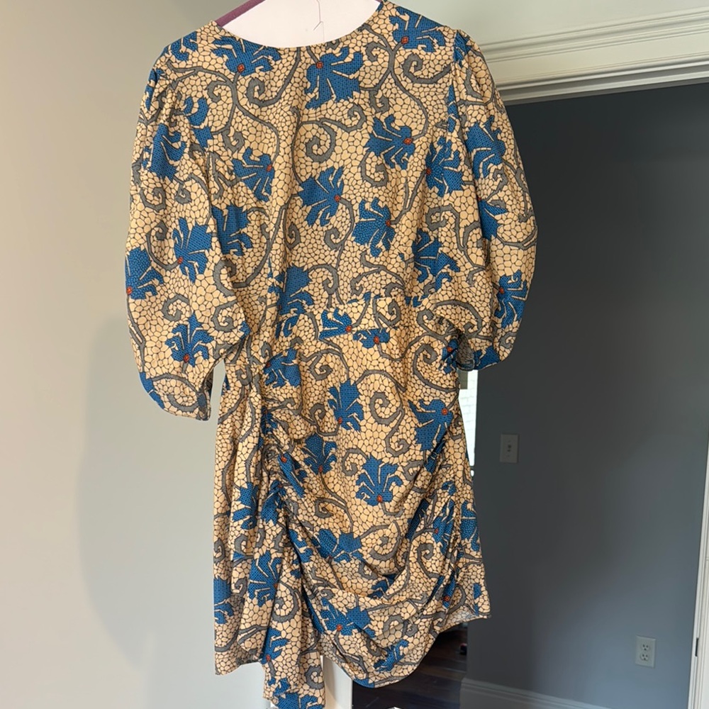 RHODE Blue and Tan Sheath Dress with Bishop Sleeves size 6
